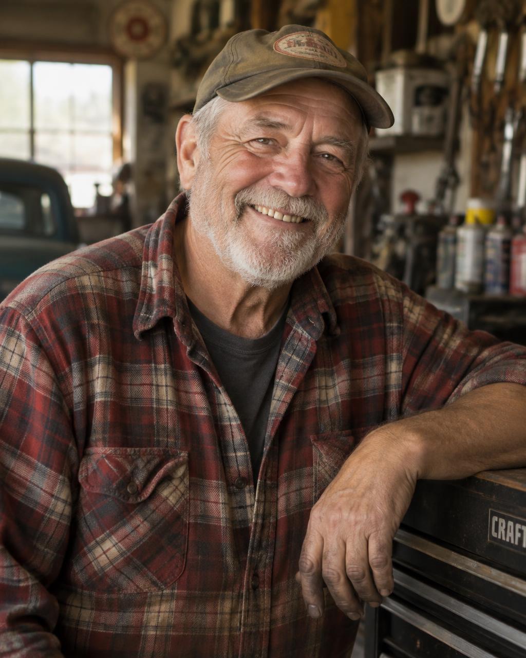 David, a retired mechanic, smiling in his workshop